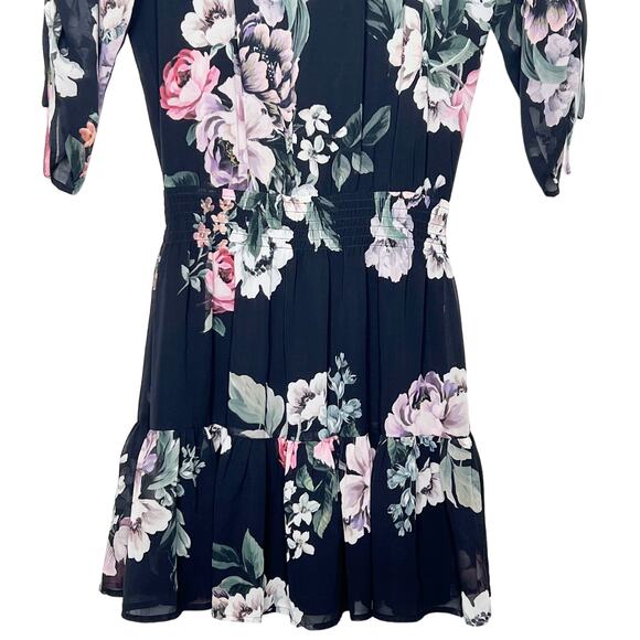 YUMI KIM Steffee Floral Silk Dress 3/4 Sleeve Fit & Flare Tie Front Black Size M - Picture 4 of 5